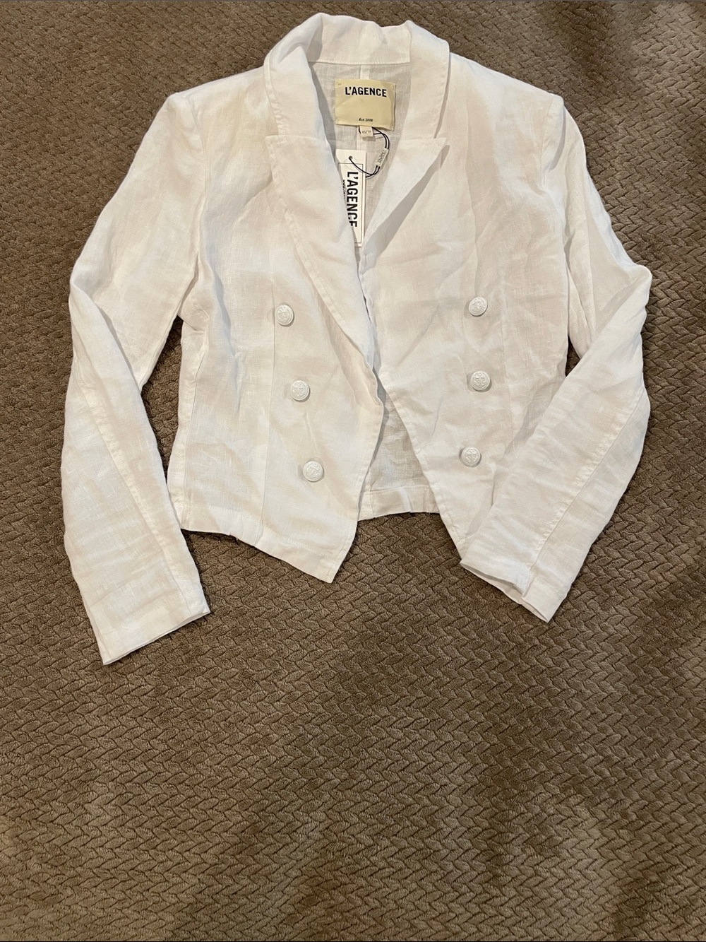 L'AGENCE White Cropped Double-Breasted Linen Blazer